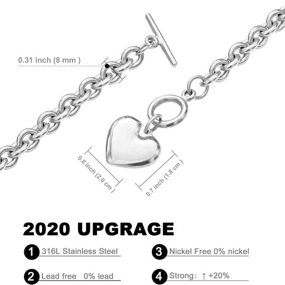 Heart Chain Necklace + Heart Bracelet for Women Girls Hearts Pendant Toggle Char - Picture 4 of 7
